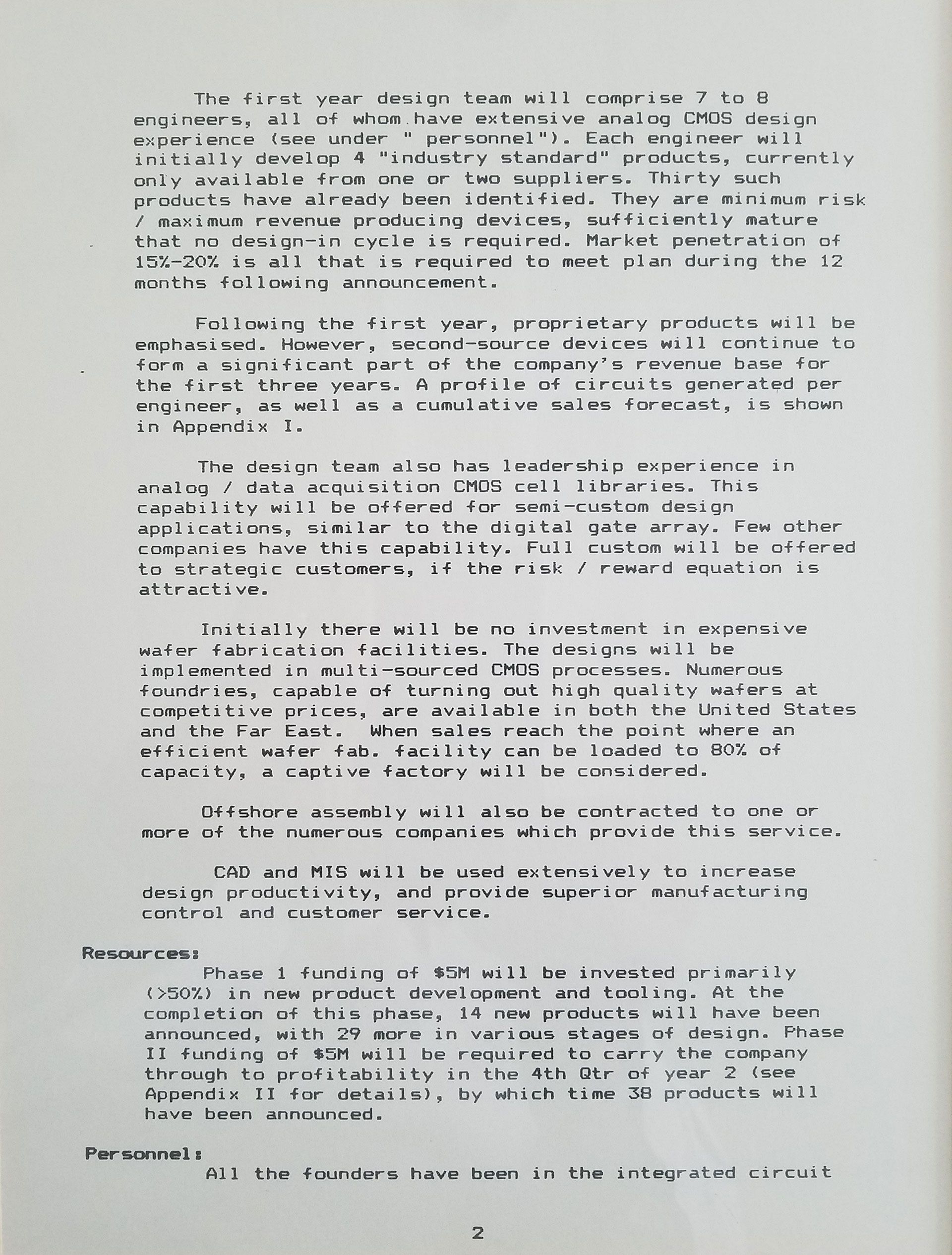 Maxim Integrated original business plan, page 2